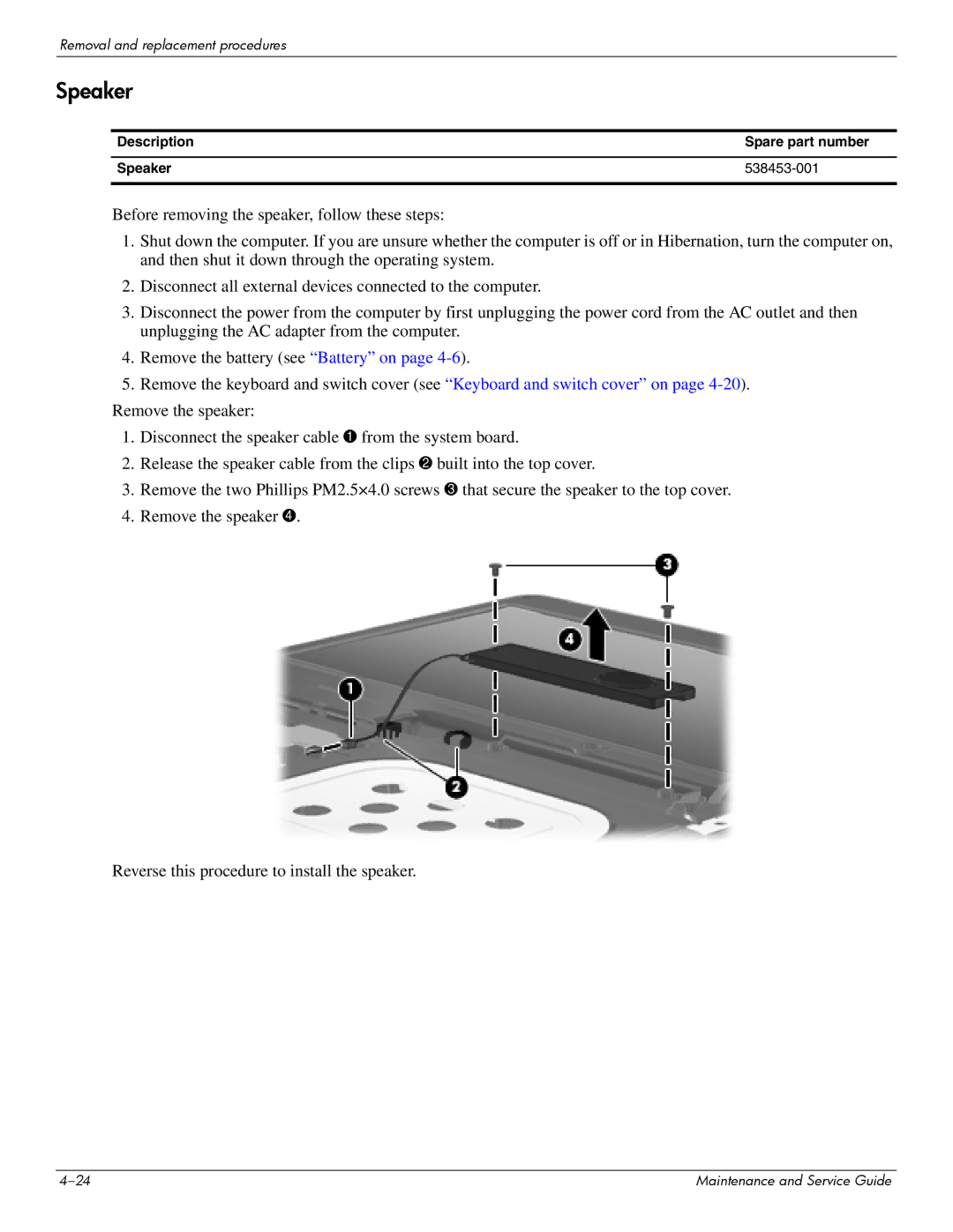 Compaq 510, 511, 515 manual Description Spare part number Speaker 538453-001 