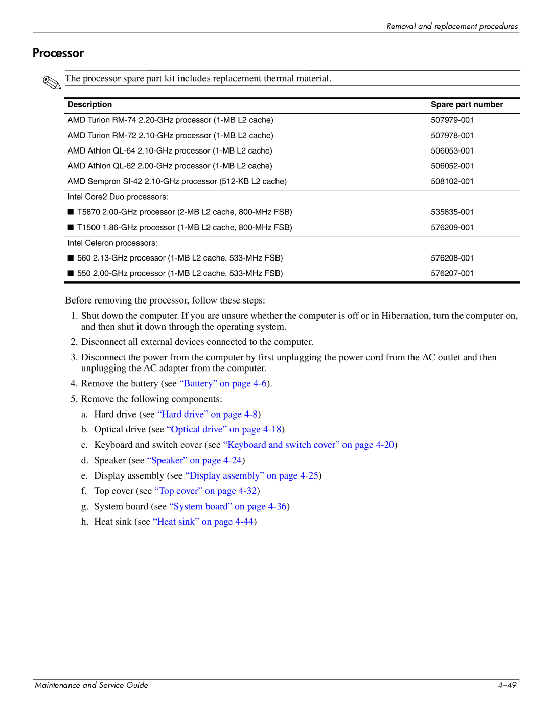 Compaq 515, 511, 510 manual Processor, Description Spare part number 