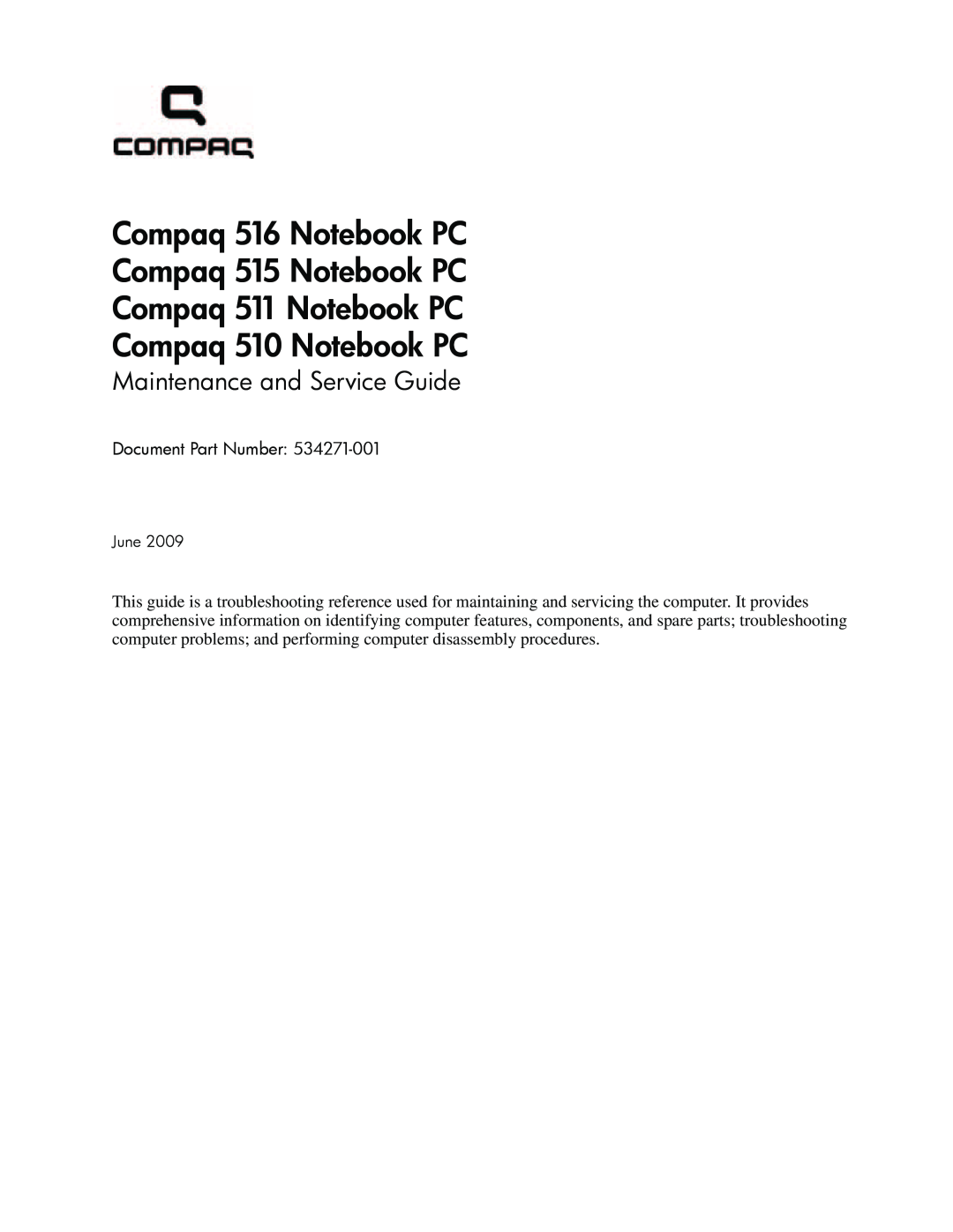 Compaq manual Compaq 516 Notebook PC Compaq 515 Notebook PC Compaq 511 Notebook PC, Compaq 510 Notebook PC 