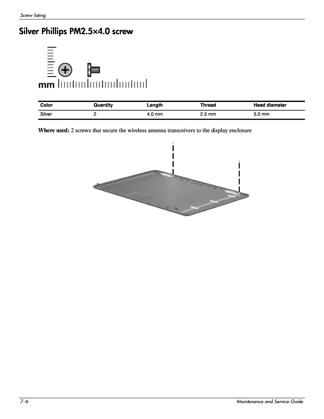 Compaq 515, 511 Silver Phillips PM2.5×4.0 screw, Color, Quantity, Length, Thread, Head diameter, 4.0 mm, 2.5 mm, 5.0 mm 