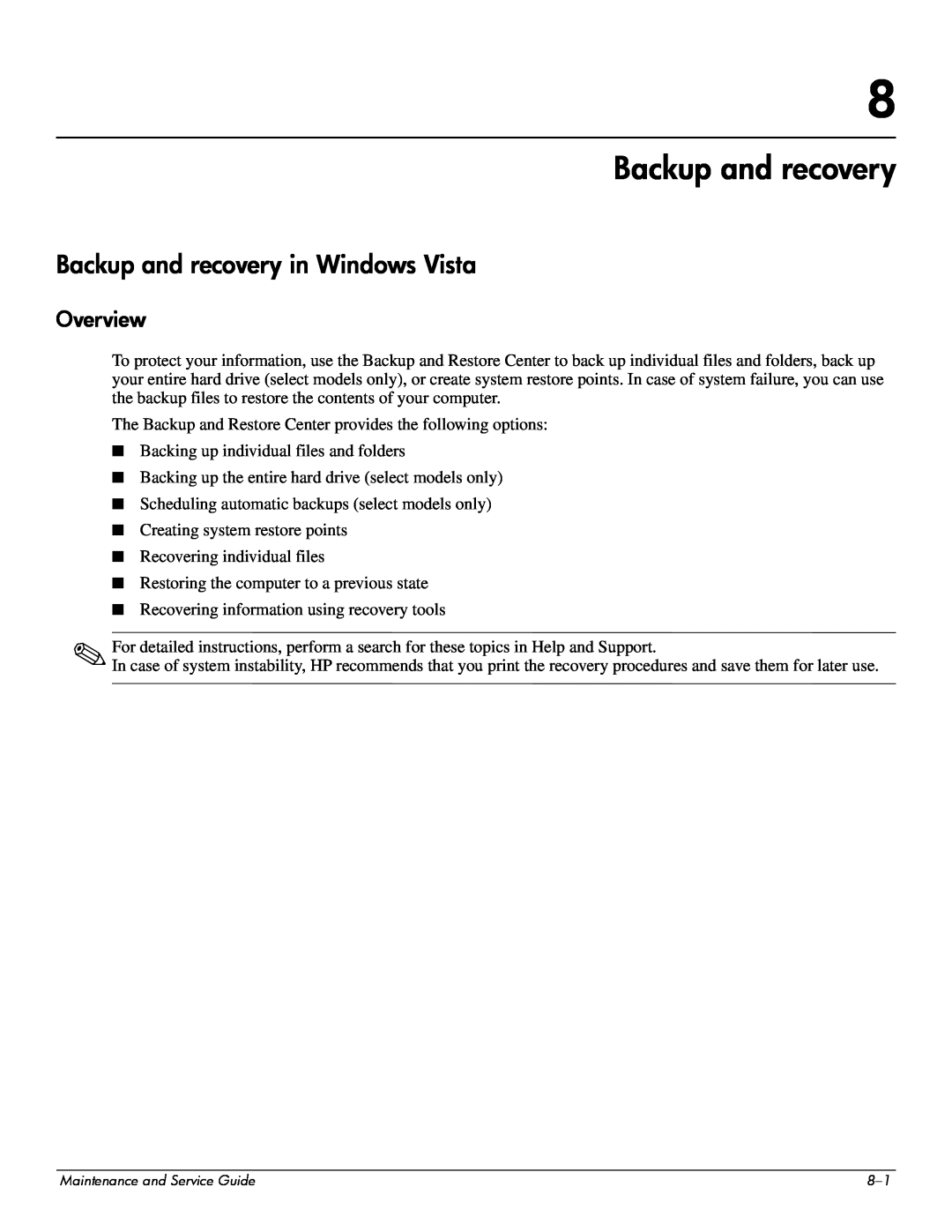 Compaq 515, 511, 510 manual Backup and recovery in Windows Vista, Overview 