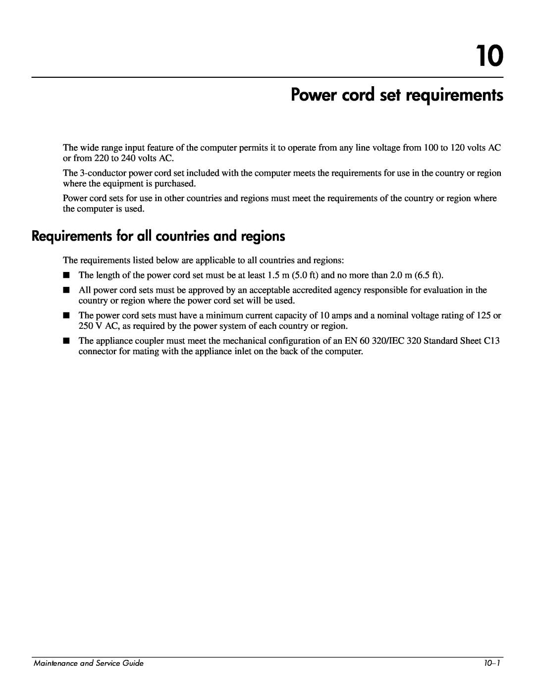 Compaq 511, 510, 515 manual Power cord set requirements, Requirements for all countries and regions 