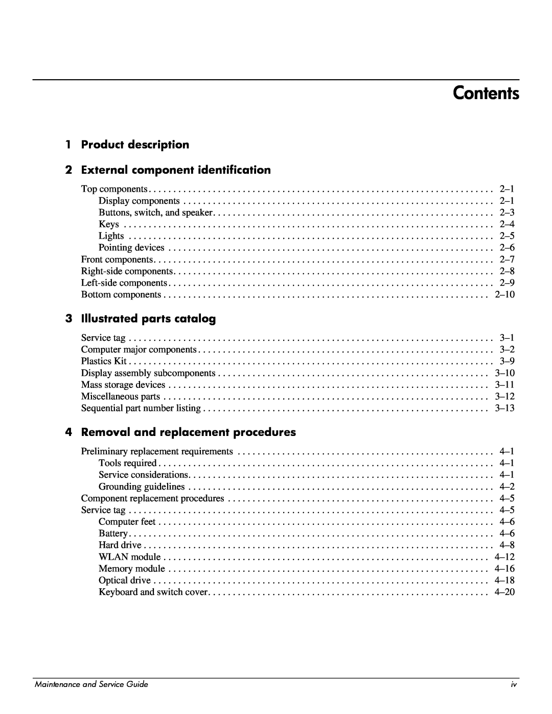 Compaq 510, 511, 515 manual Contents, Product description 2 External component identification, Illustrated parts catalog 