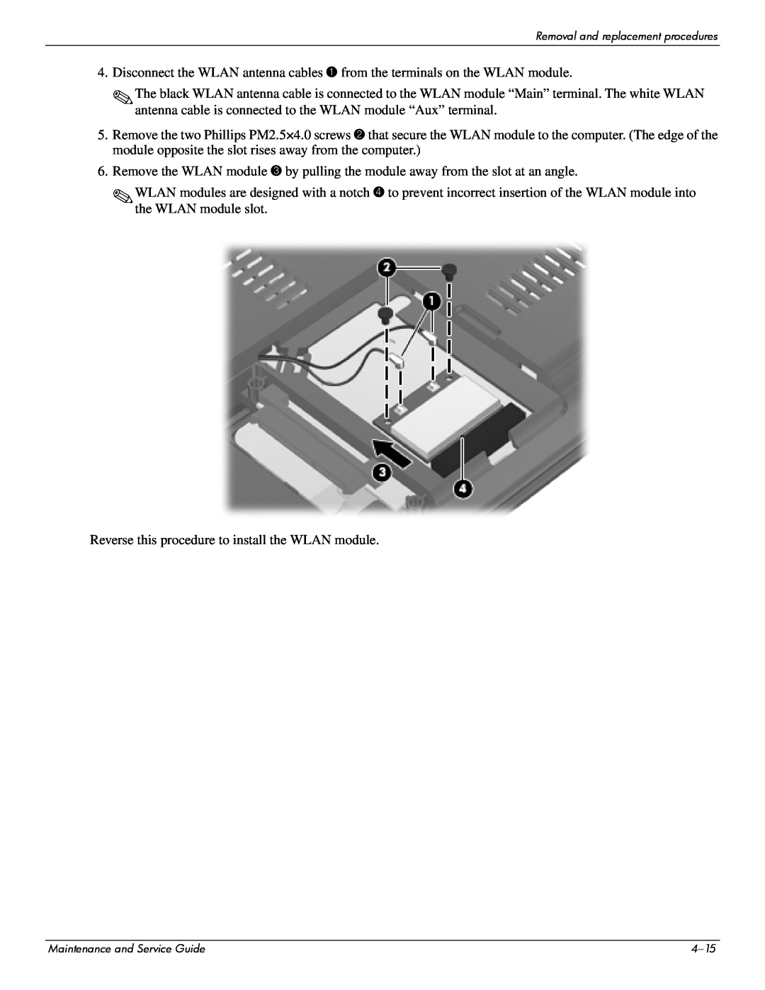 Compaq 510, 511, 515 manual Reverse this procedure to install the WLAN module 