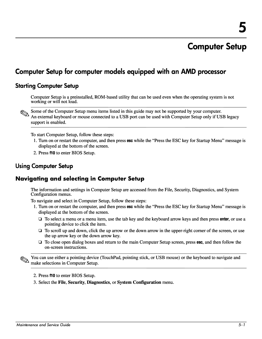 Compaq 510, 511, 515 manual Computer Setup for computer models equipped with an AMD processor, Starting Computer Setup 