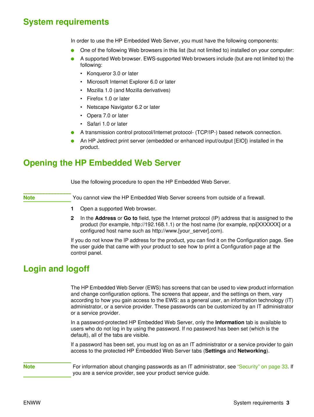 Compaq 5200 manual System requirements, Opening the HP Embedded Web Server, Login and logoff 