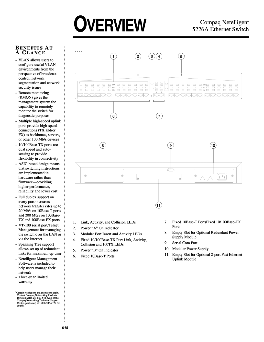 Compaq warranty Overview, Compaq Netelligent 5226A Ethernet Switch, B E N E F I T S A T A G Lance 