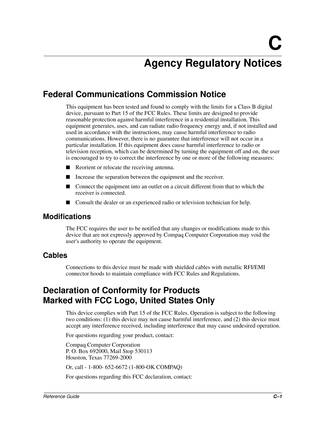 Compaq 5500 manual Agency Regulatory Notices, Federal Communications Commission Notice, Modifications, Cables 