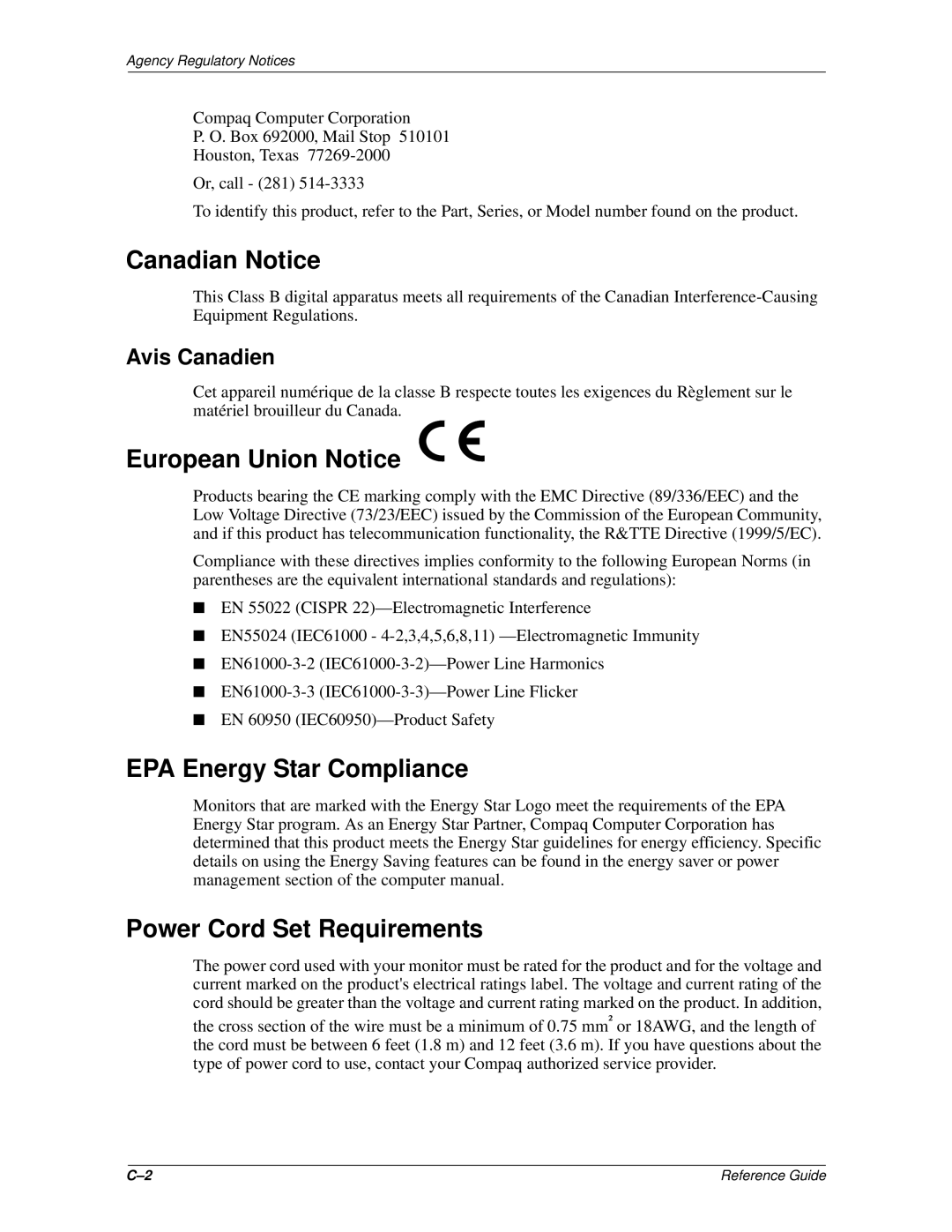 Compaq 5500 Canadian Notice, European Union Notice, EPA Energy Star Compliance, Power Cord Set Requirements, Avis Canadien 