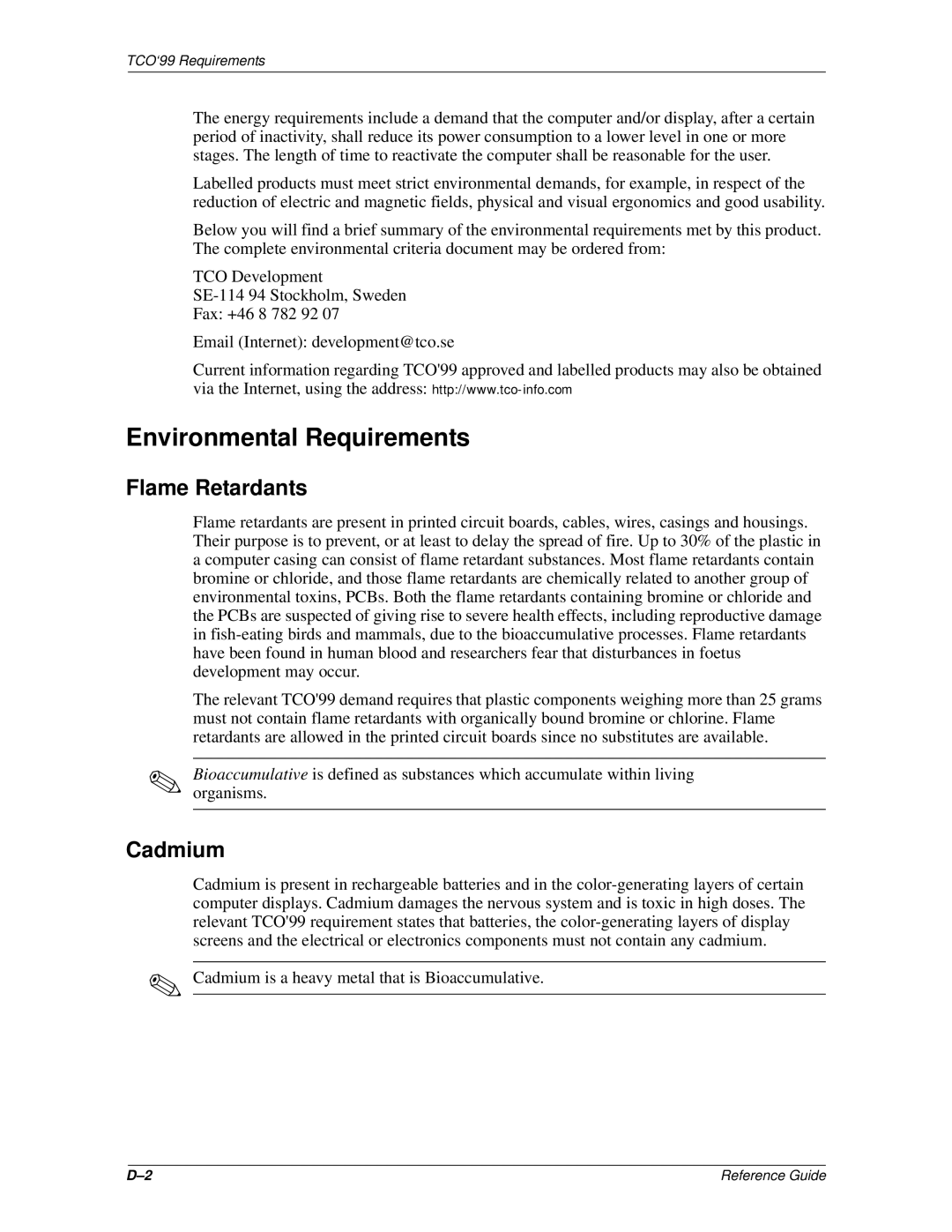 Compaq 5500 manual Environmental Requirements, Flame Retardants, Cadmium 