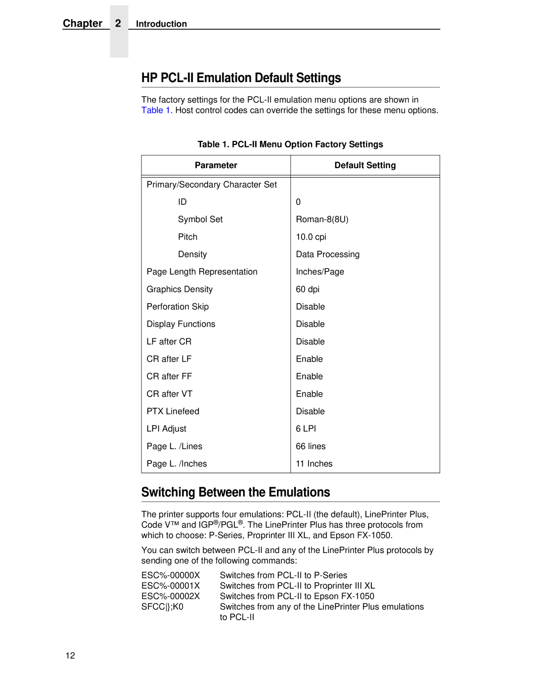 Compaq 5525B/31/32 manual HP PCL-II Emulation Default Settings, Switching Between the Emulations 