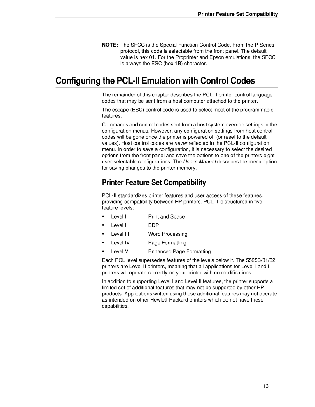 Compaq 5525B/31/32 manual Configuring the PCL-II Emulation with Control Codes, Printer Feature Set Compatibility 