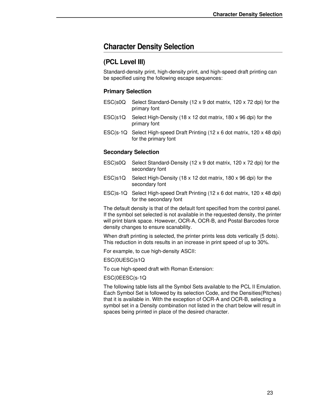 Compaq 5525B/31/32 manual Character Density Selection, PCL Level 