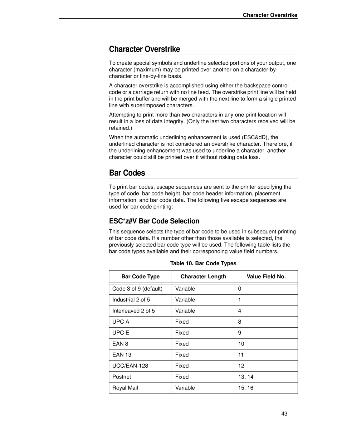 Compaq 5525B/31/32 manual Character Overstrike, Bar Codes, ESC*z#V Bar Code Selection 