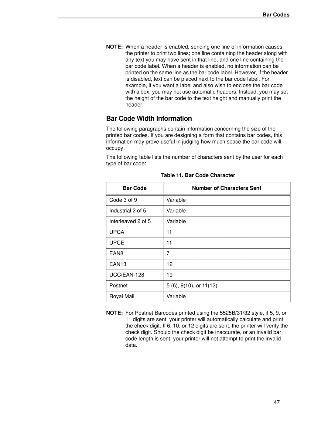 Compaq 5525B/31/32 manual Bar Code Width Information, Bar Code Number of Characters Sent 