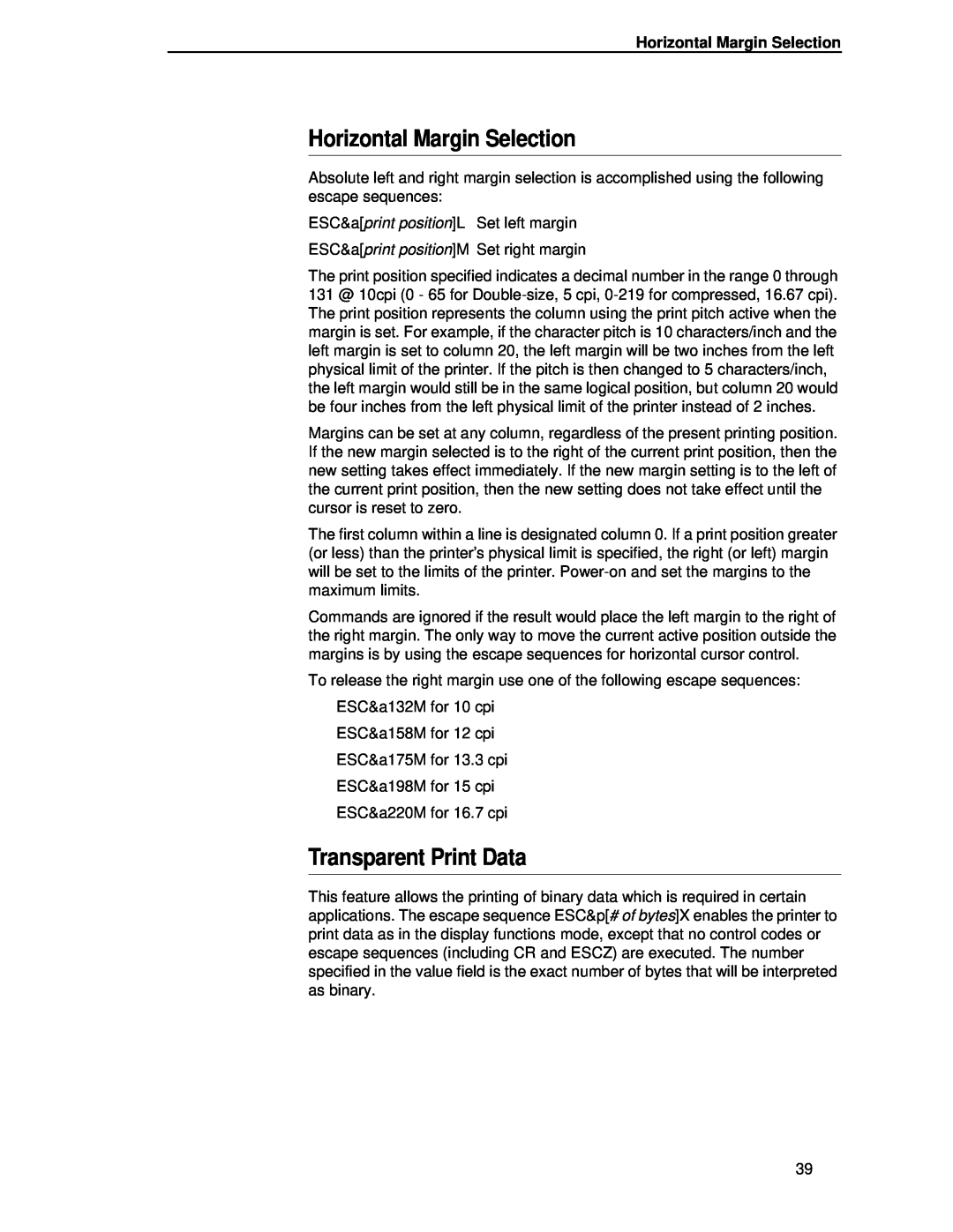 Compaq 5525B/31/32 manual Horizontal Margin Selection, Transparent Print Data 
