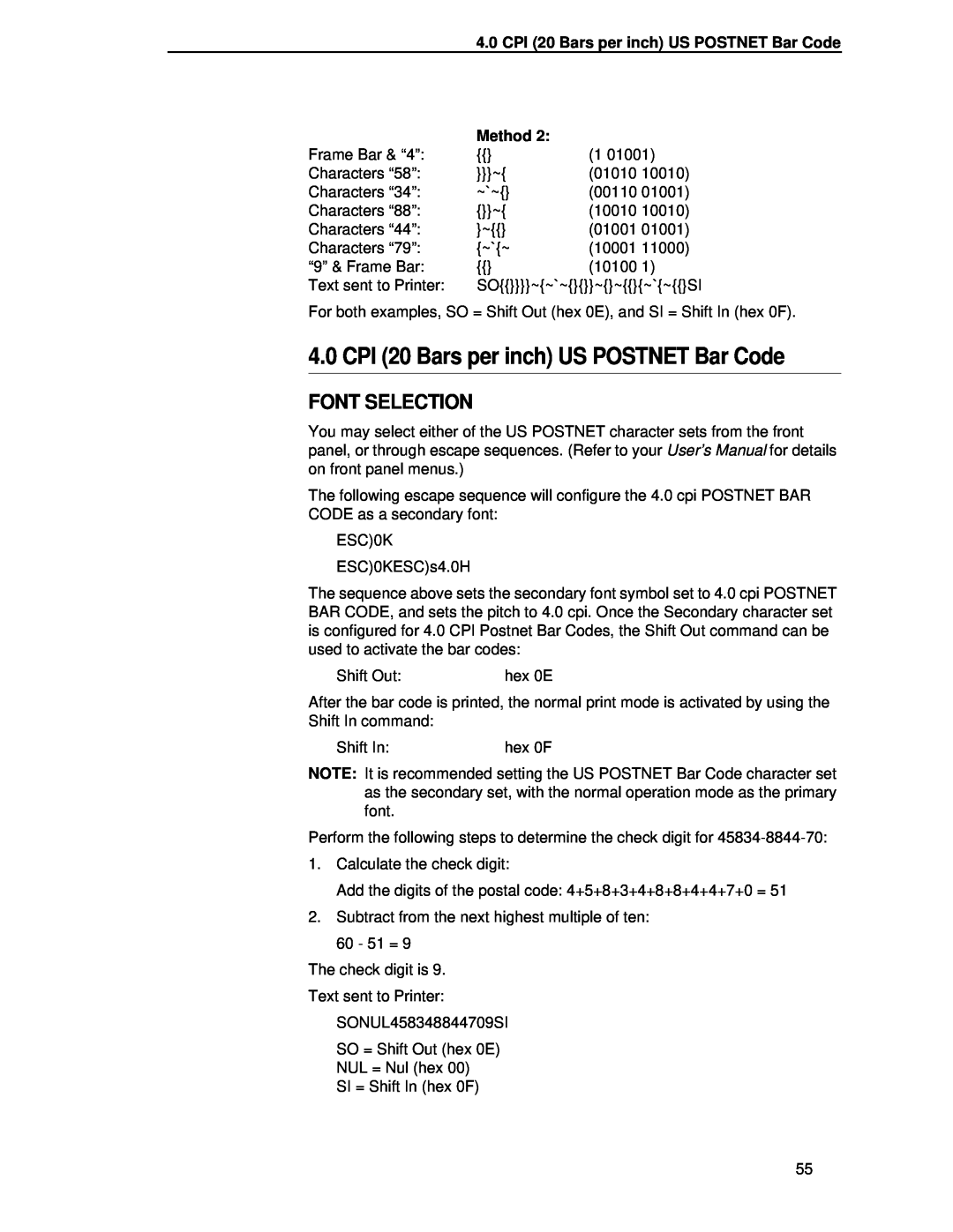 Compaq 5525B/31/32 manual CPI 20 Bars per inch US POSTNET Bar Code, Font Selection, Method 