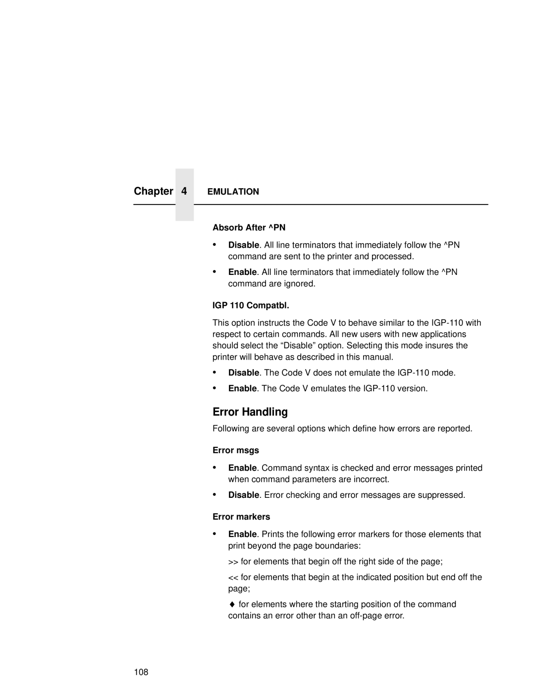 Compaq 5532, 5531, 5525B user manual Error Handling, Absorb After PN, IGP 110 Compatbl, Error msgs, Error markers 