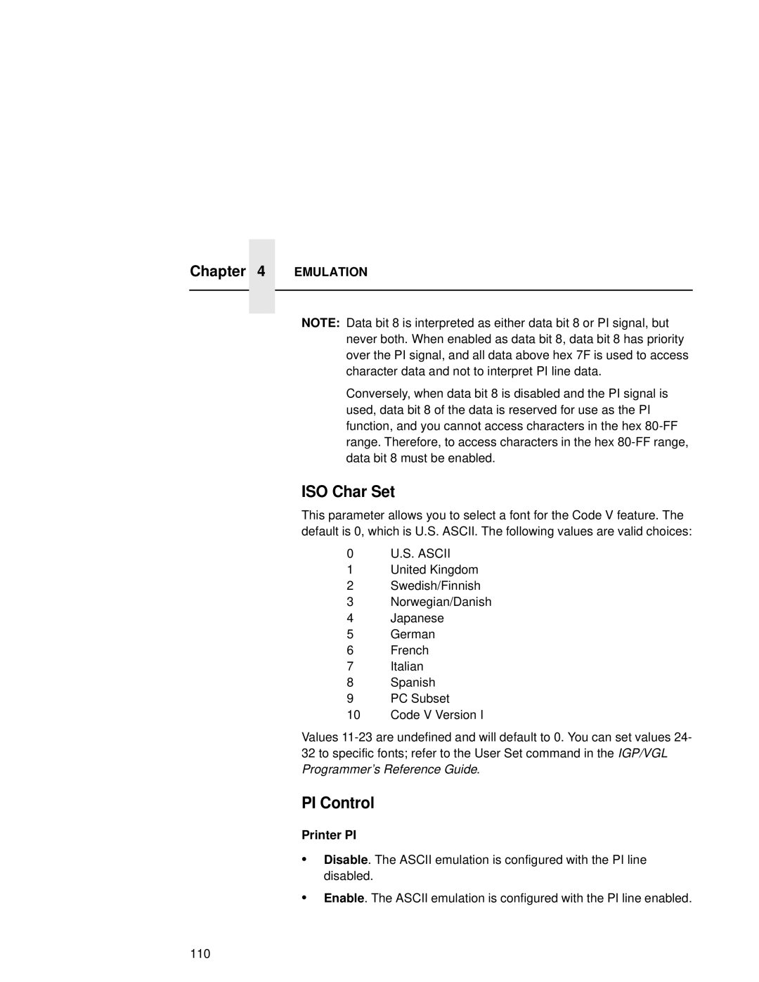 Compaq 5525B, 5532, 5531 user manual ISO Char Set, PI Control, Printer PI 