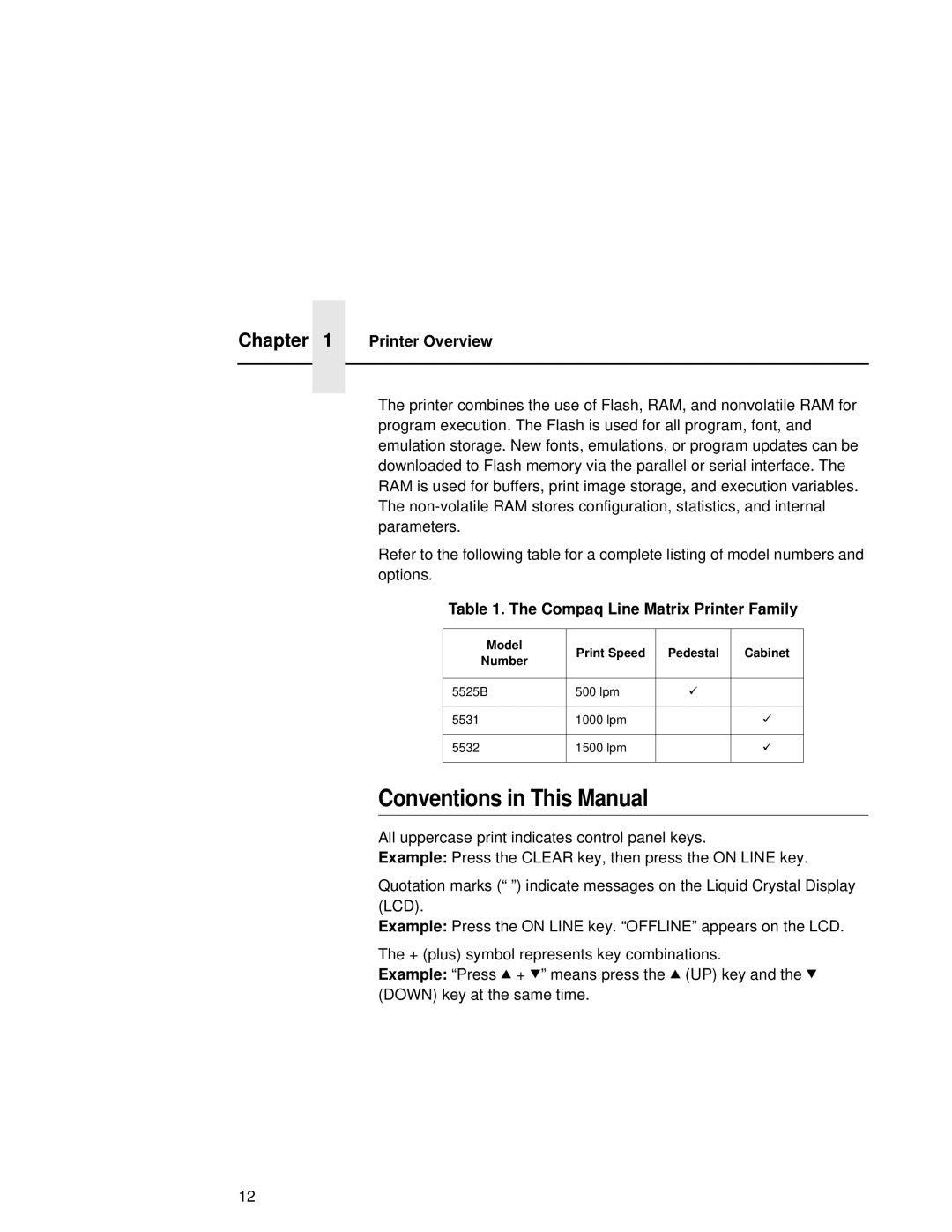 Compaq 5532, 5531, 5525B user manual Conventions in This Manual, Printer Overview, Compaq Line Matrix Printer Family 