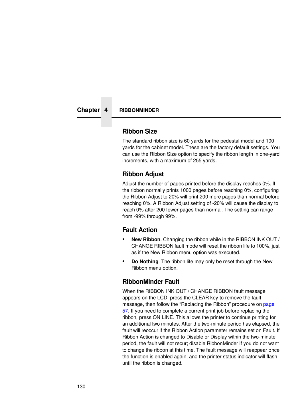 Compaq 5531, 5532, 5525B user manual Ribbon Size, Ribbon Adjust, Fault Action, RibbonMinder Fault 