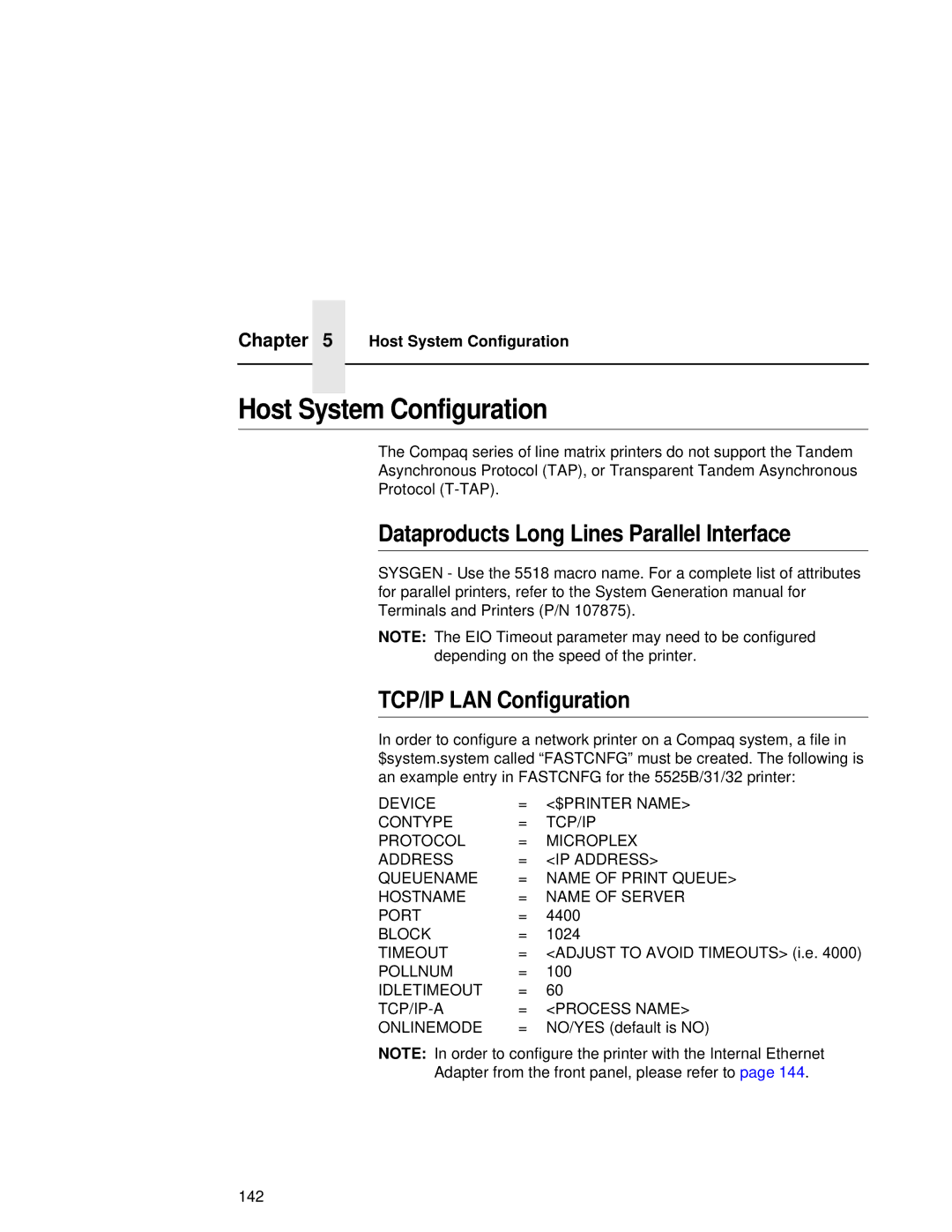 Compaq 5531, 5532, 5525B Dataproducts Long Lines Parallel Interface, TCP/IP LAN Configuration, Host System Configuration 