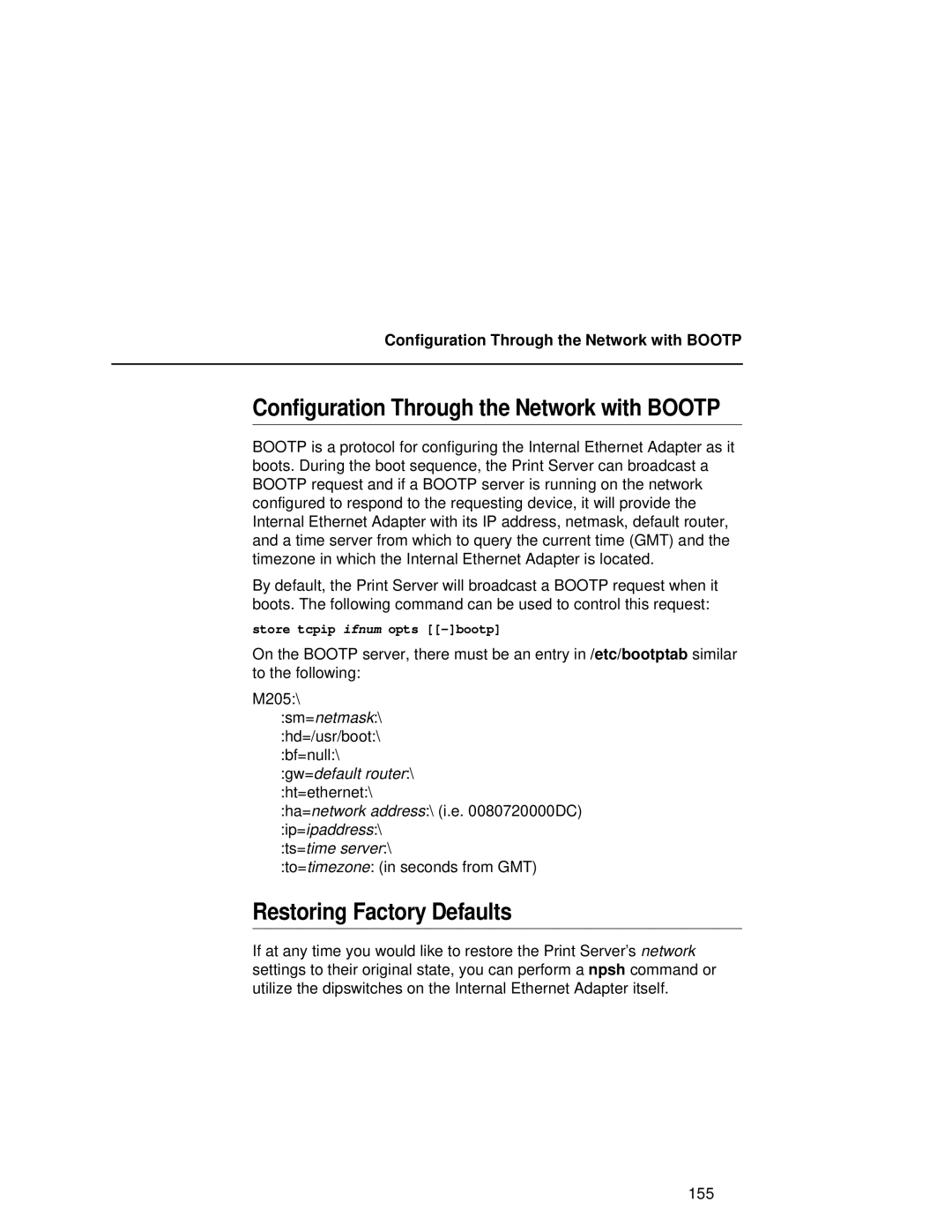 Compaq 5525B, 5532, 5531 user manual Configuration Through the Network with Bootp, Restoring Factory Defaults 