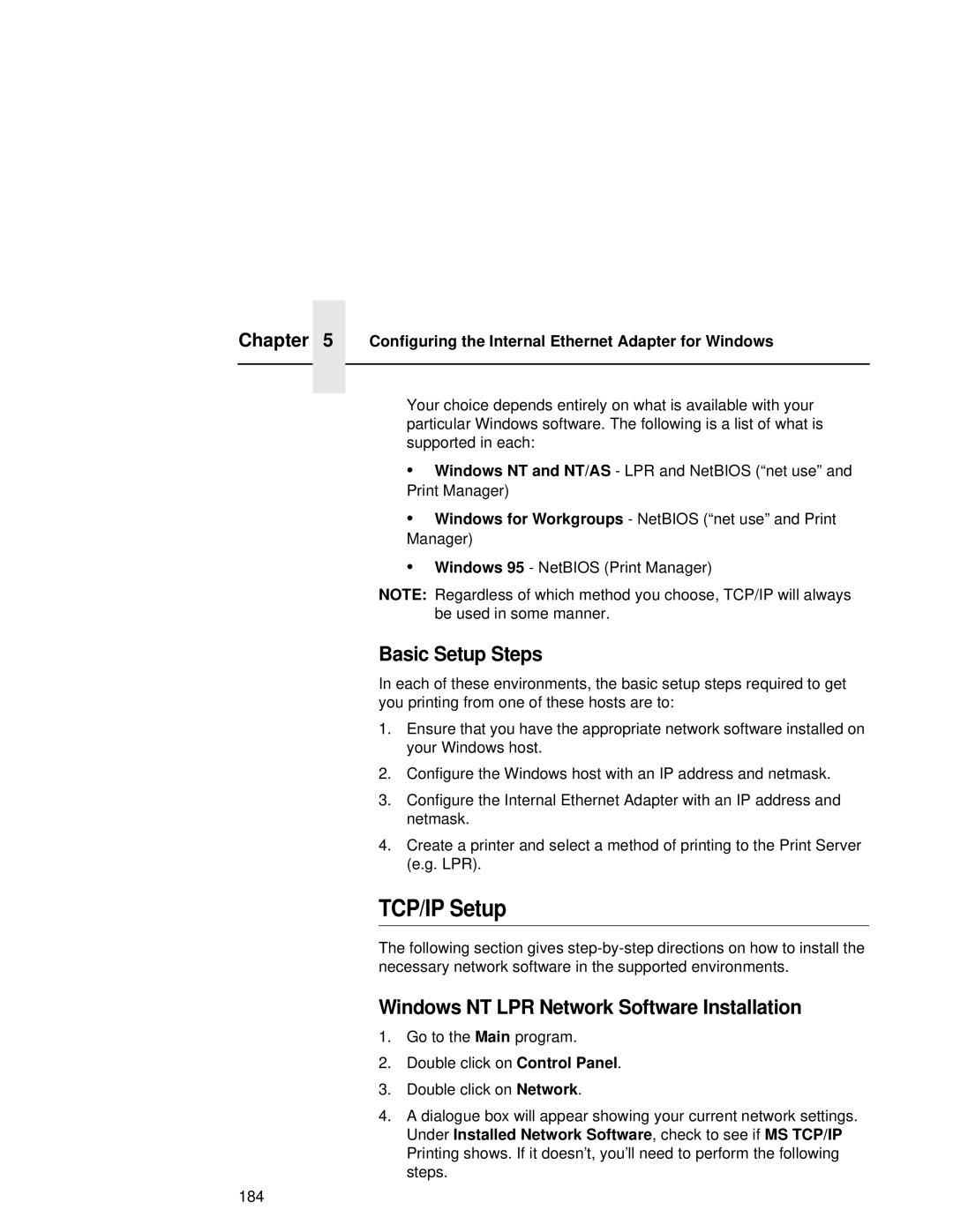 Compaq 5531, 5532, 5525B user manual TCP/IP Setup, Basic Setup Steps, Windows NT LPR Network Software Installation 