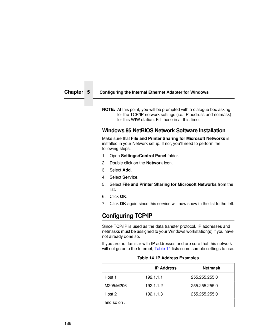 Compaq 5532, 5531, 5525B Configuring TCP/IP, Windows 95 NetBIOS Network Software Installation, IP Address Examples Netmask 