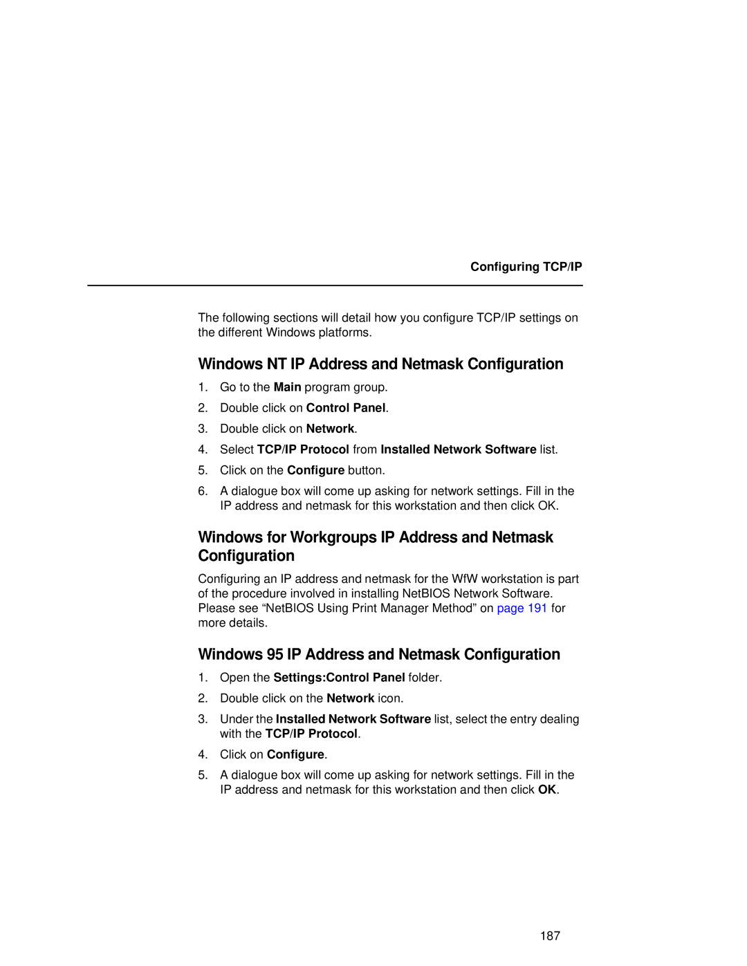 Compaq 5531 Windows NT IP Address and Netmask Configuration, Windows for Workgroups IP Address and Netmask Configuration 