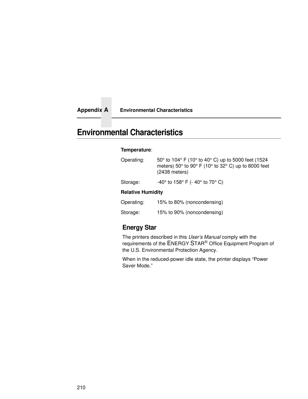 Compaq 5532, 5531, 5525B Energy Star, Appendix a Environmental Characteristics, Temperature, Relative Humidity 