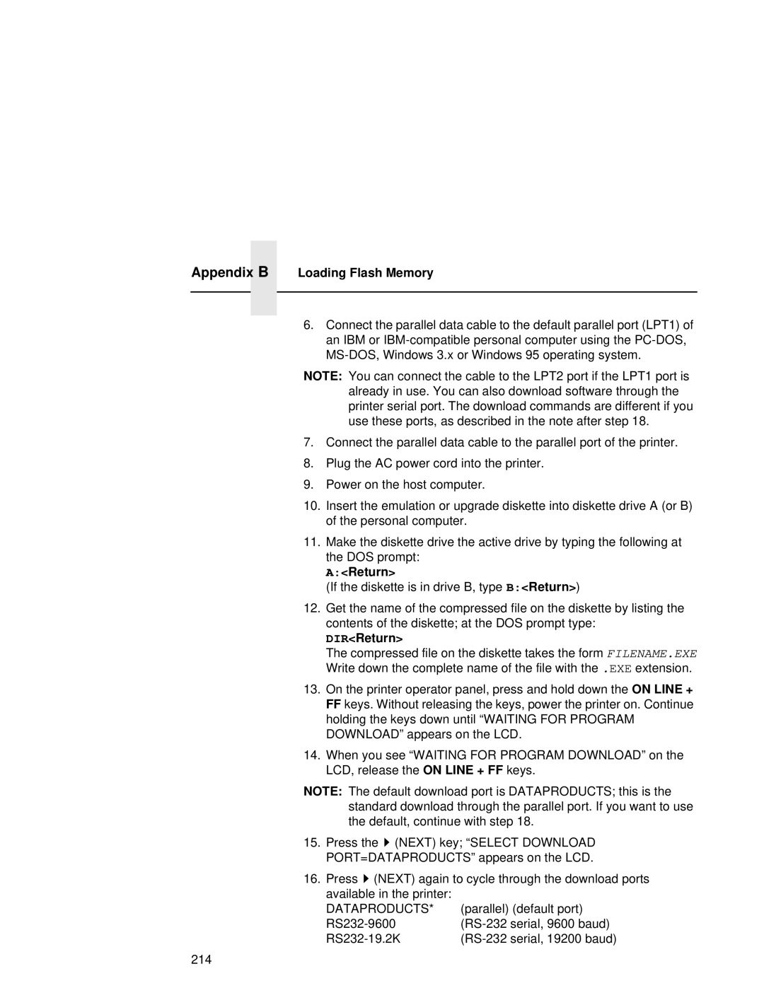 Compaq 5531, 5532, 5525B user manual Appendix B Loading Flash Memory, AReturn, DIRReturn, Dataproducts 