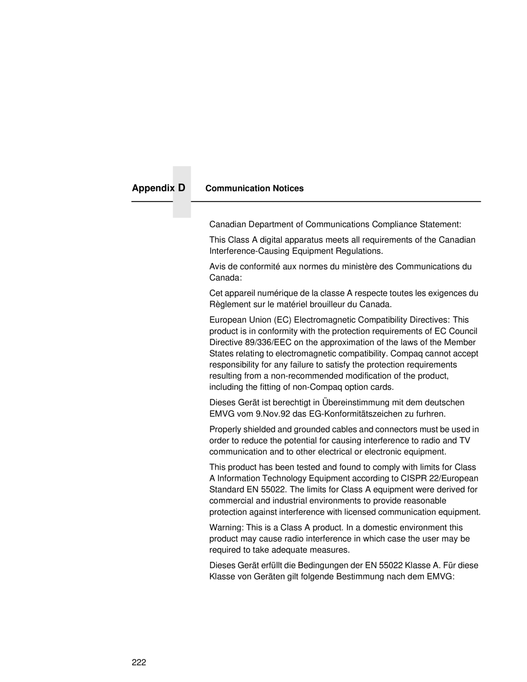 Compaq 5532, 5531, 5525B user manual Appendix D Communication Notices 