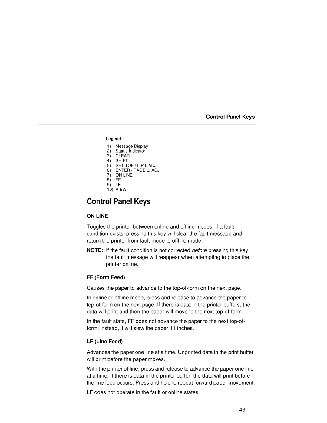 Compaq 5531, 5532, 5525B user manual Control Panel Keys, FF Form Feed, LF Line Feed 