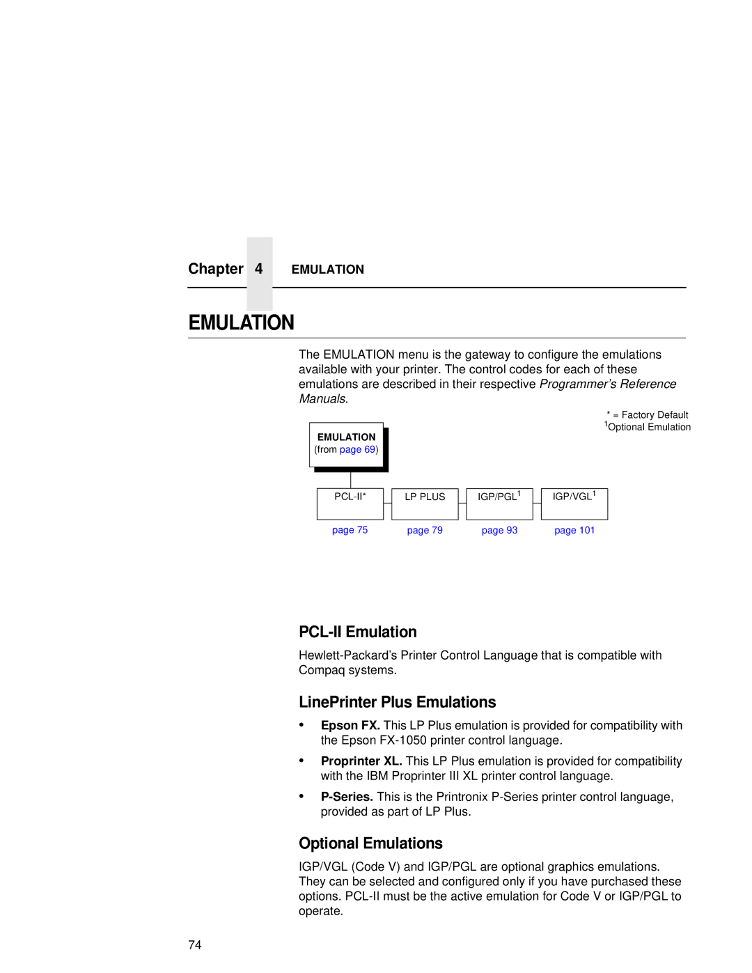 Compaq 5525B, 5532, 5531 user manual PCL-II Emulation, LinePrinter Plus Emulations, Optional Emulations 