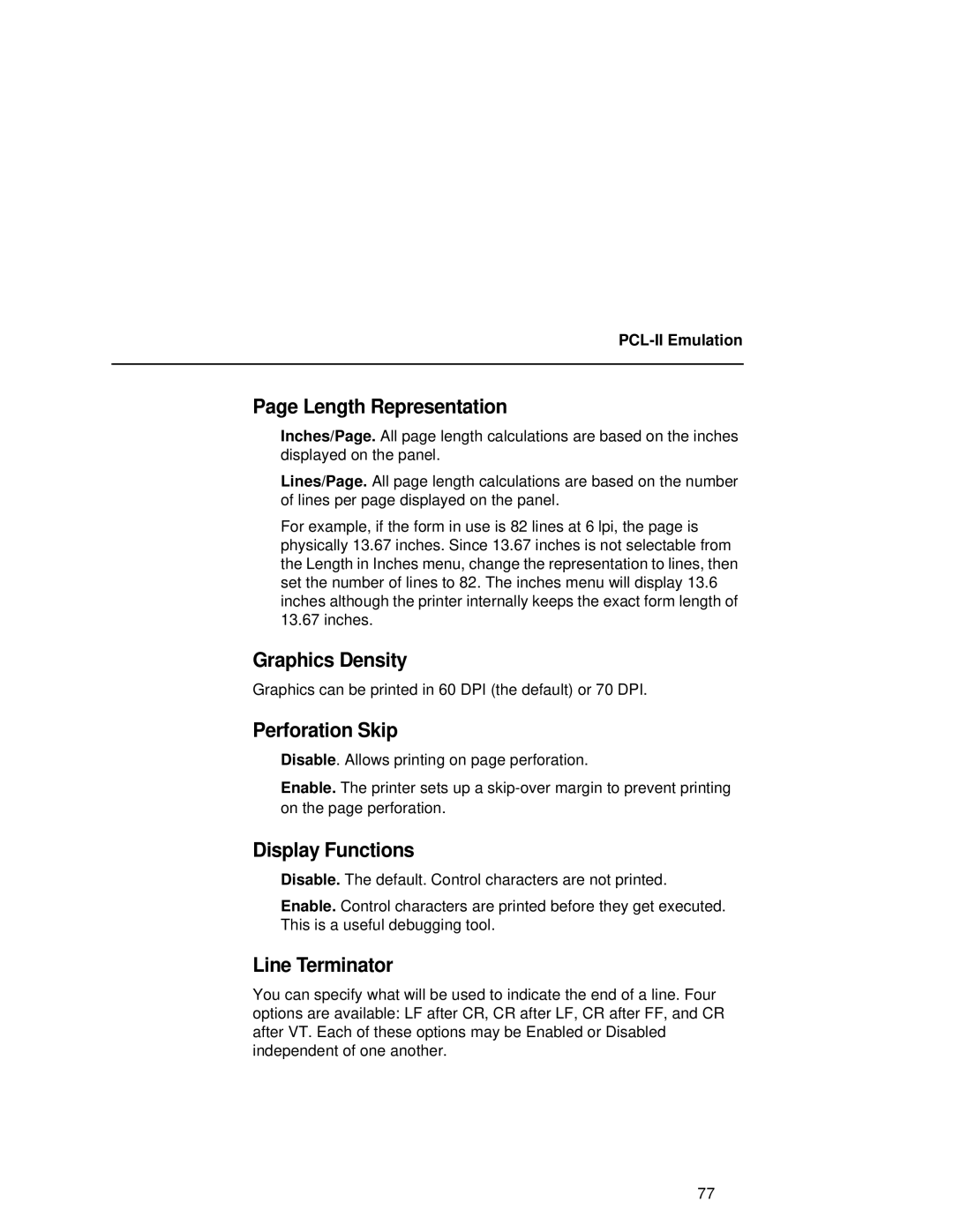 Compaq 5525B, 5532, 5531 Length Representation, Graphics Density Perforation Skip, Display Functions, Line Terminator 
