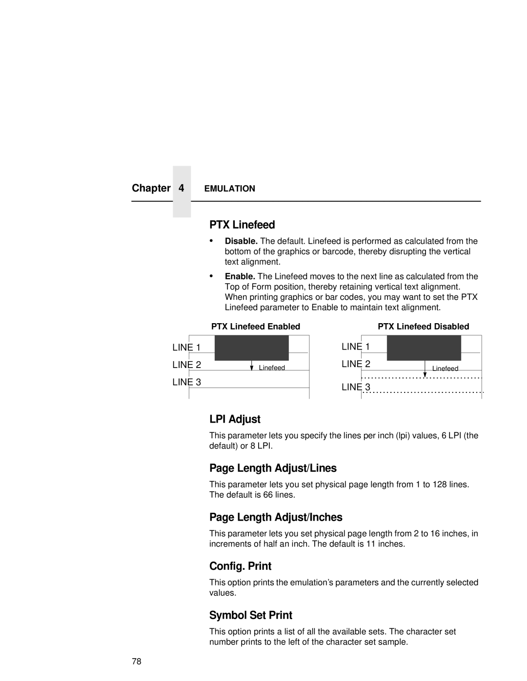 Compaq 5532, 5531 PTX Linefeed, LPI Adjust, Length Adjust/Lines, Length Adjust/Inches, Config. Print, Symbol Set Print 