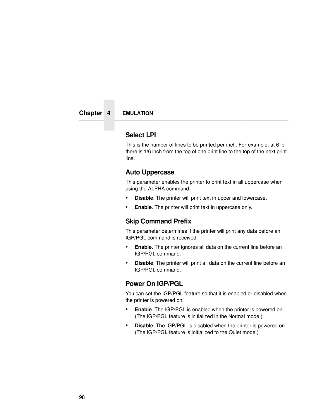 Compaq 5525B, 5532, 5531 user manual Select LPI, Auto Uppercase, Skip Command Prefix, Power On IGP/PGL 