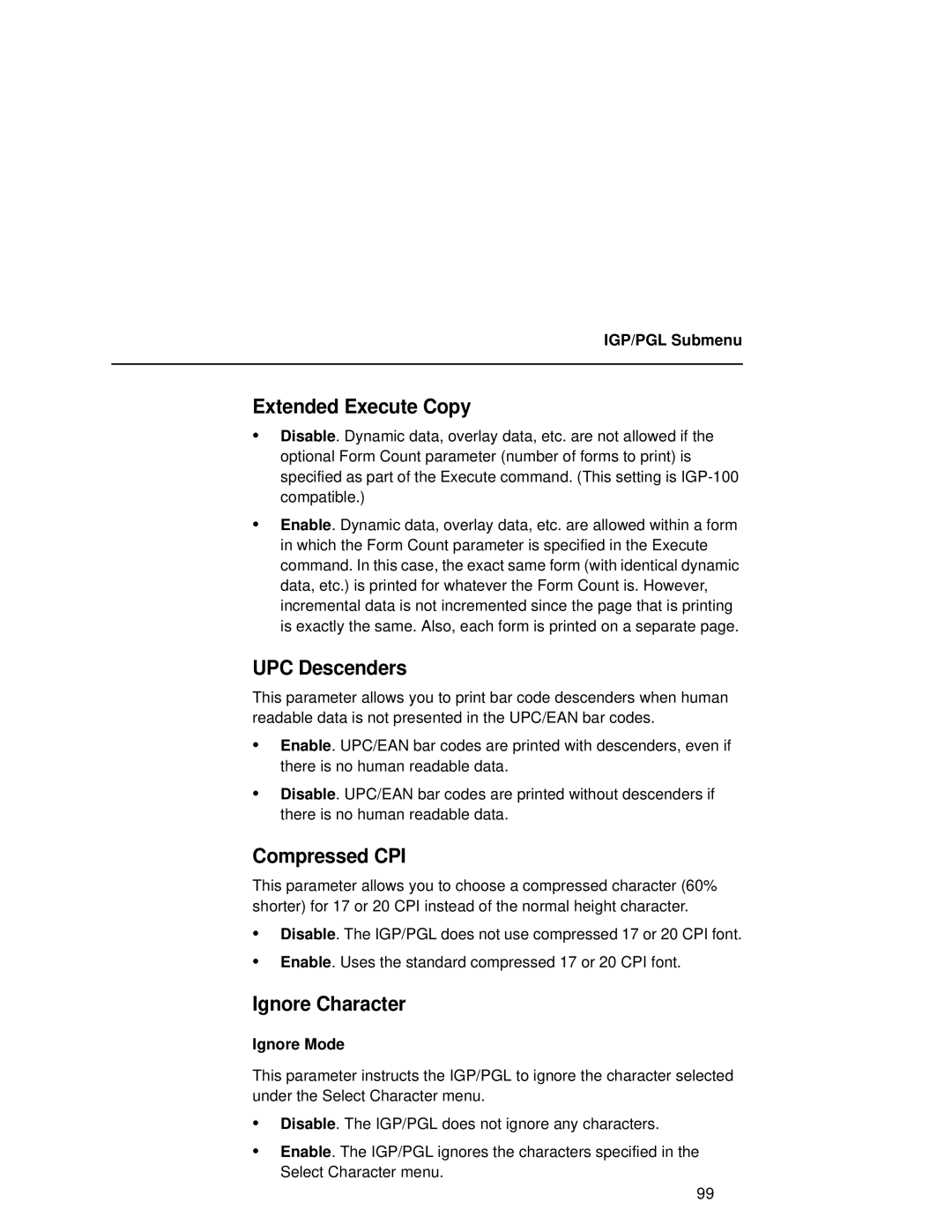 Compaq 5532, 5531, 5525B user manual Extended Execute Copy, UPC Descenders, Compressed CPI, Ignore Character, Ignore Mode 