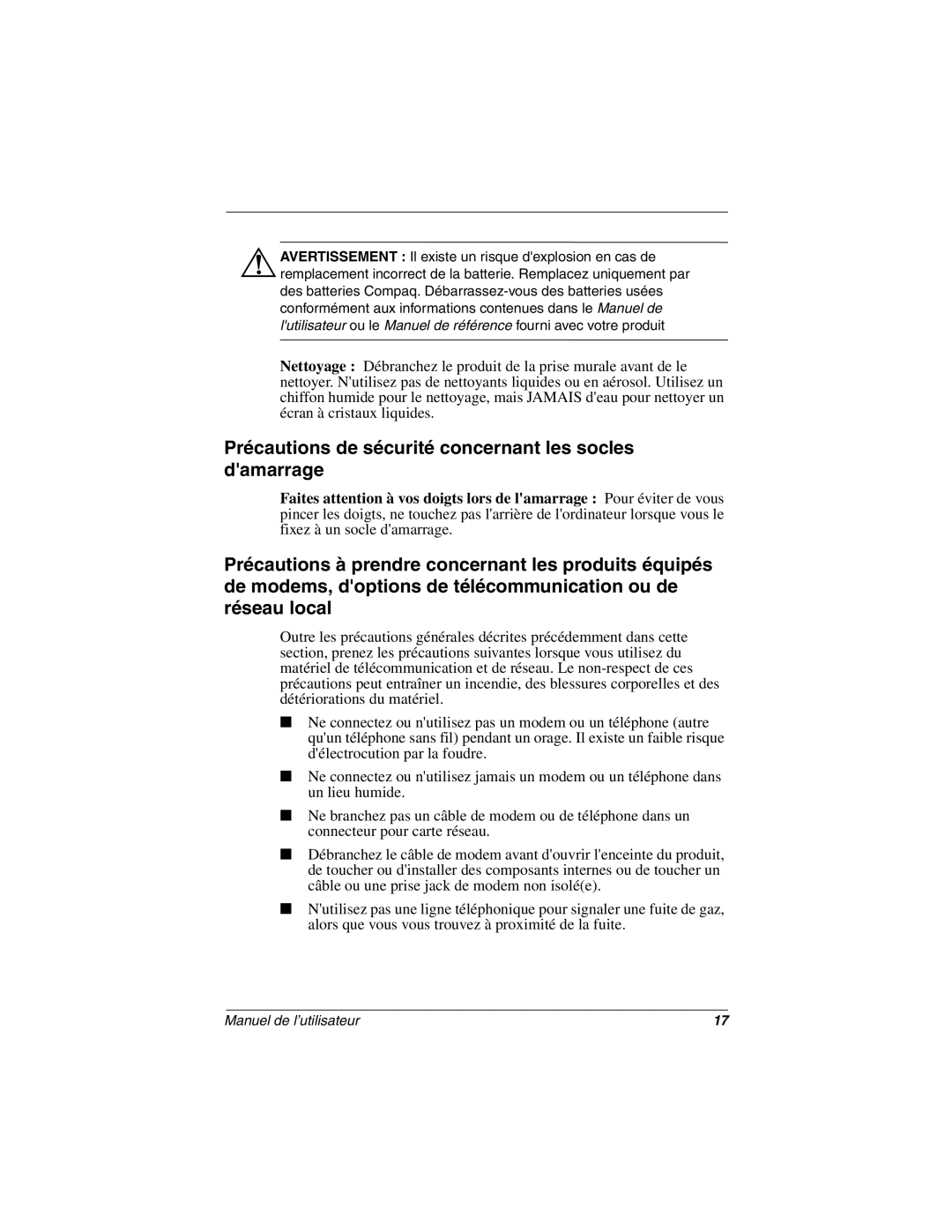 Compaq 5700 manual Précautions de sécurité concernant les socles damarrage 