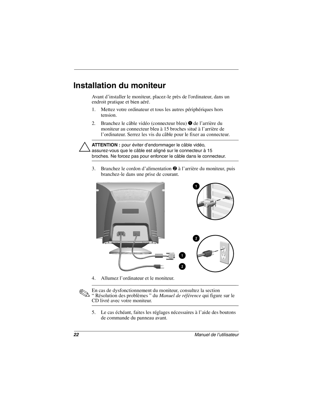 Compaq 5700 manual Installation du moniteur 