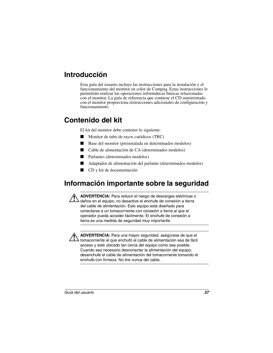 Compaq 5700 manual Introducción, Contenido del kit, Información importante sobre la seguridad 