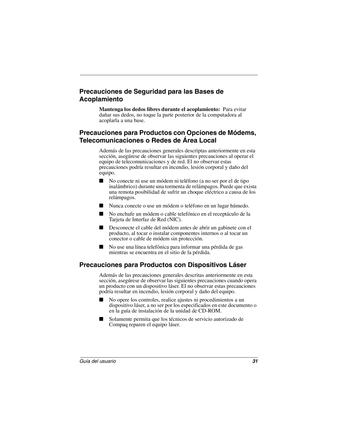 Compaq 5700 Precauciones de Seguridad para las Bases de Acoplamiento, Precauciones para Productos con Dispositivos Láser 