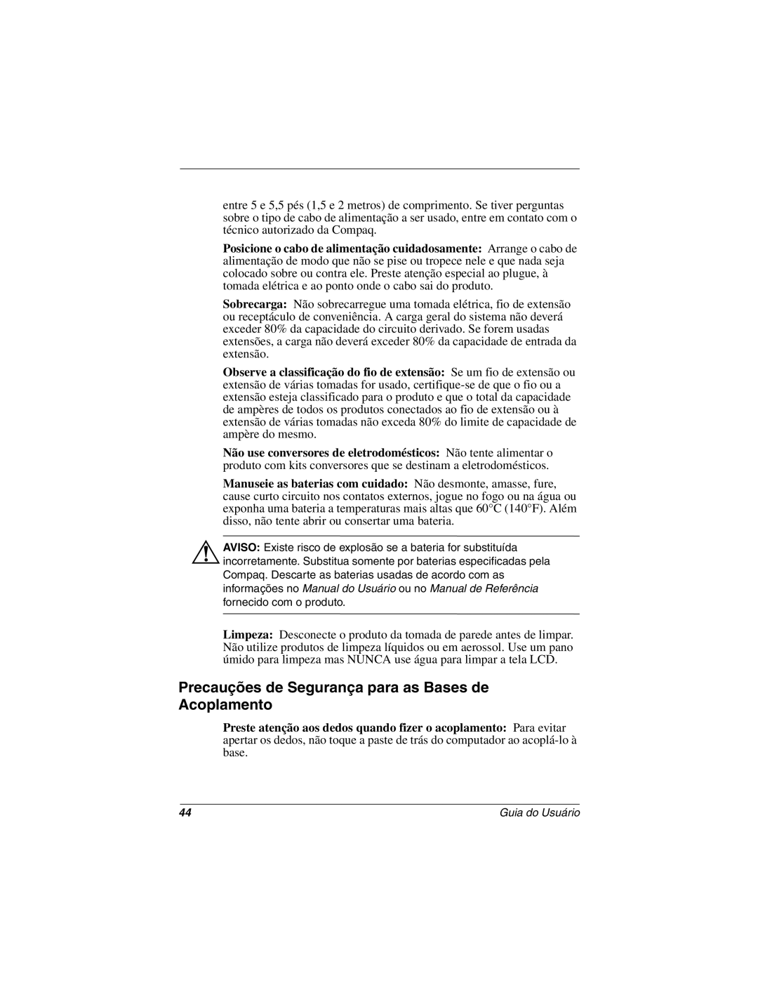 Compaq 5700 manual Precauções de Segurança para as Bases de Acoplamento 