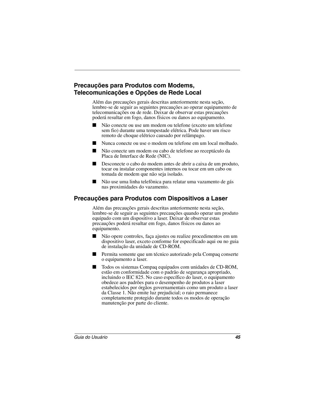 Compaq 5700 manual Precauções para Produtos com Dispositivos a Laser 