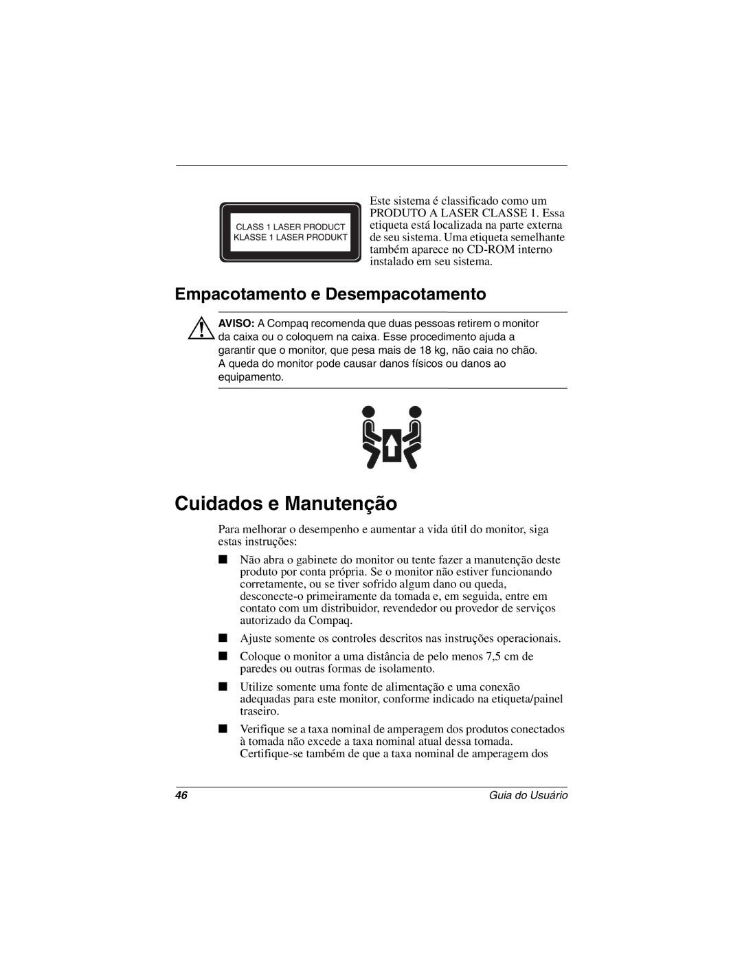 Compaq 5700 manual Cuidados e Manutenção, Empacotamento e Desempacotamento 