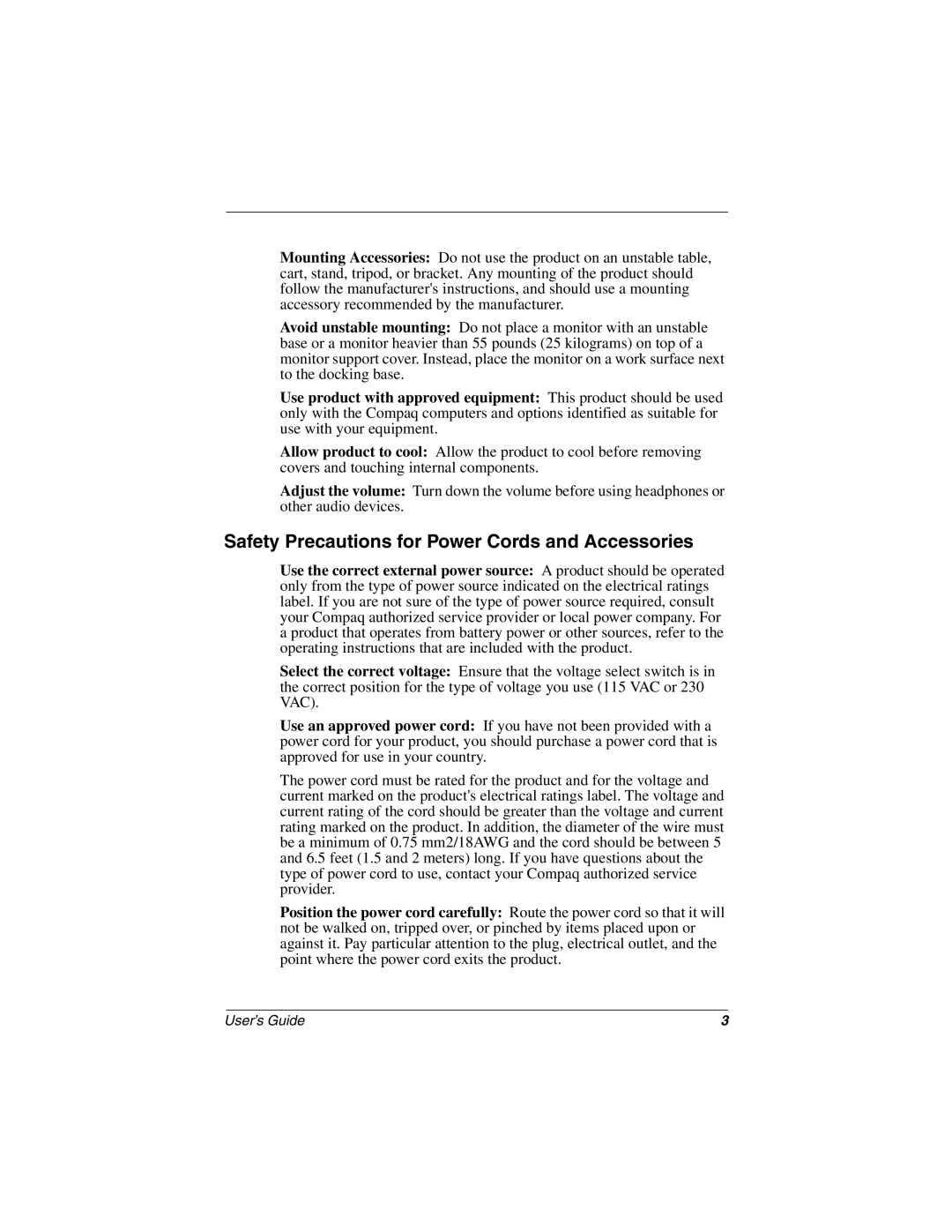 Compaq 5700 manual Safety Precautions for Power Cords and Accessories 