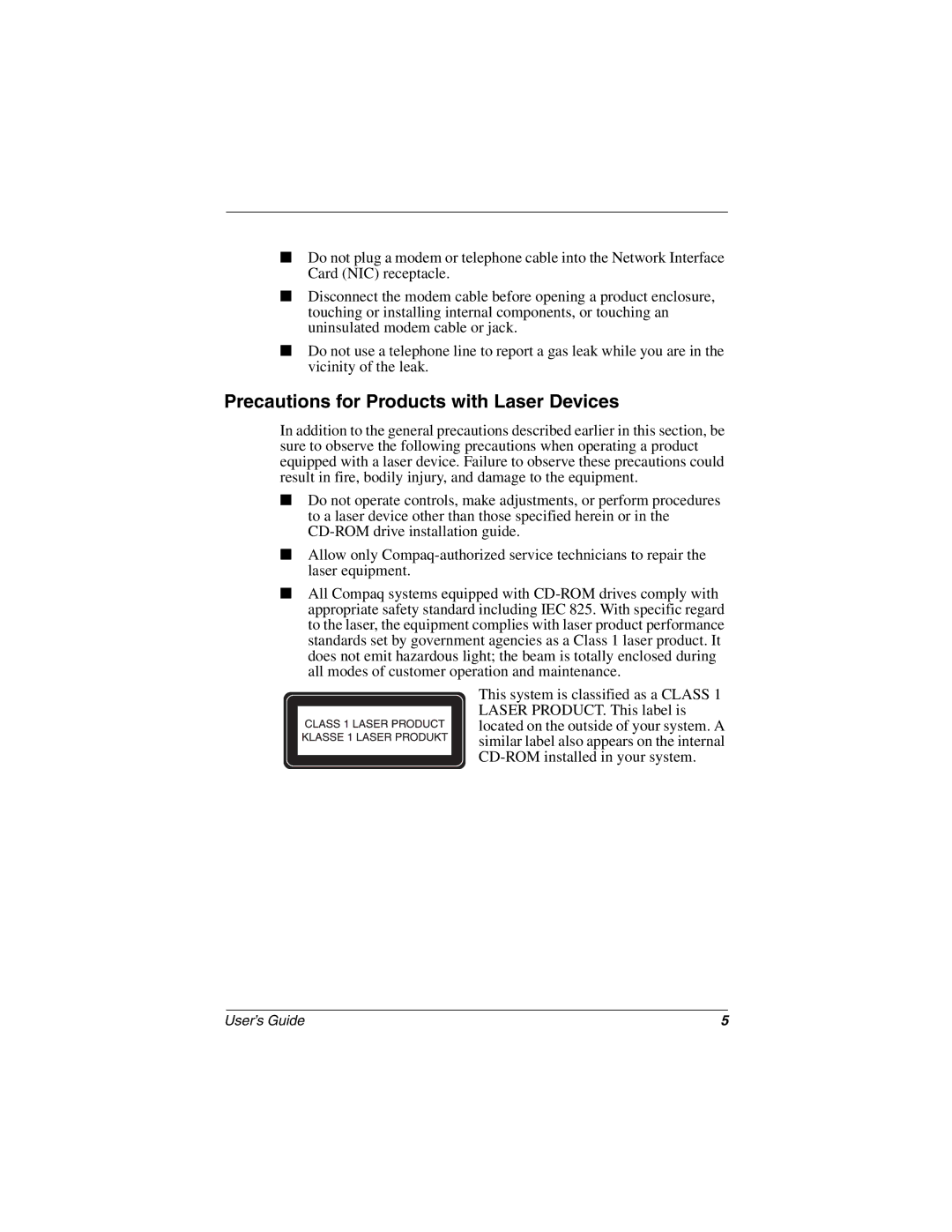 Compaq 5700 manual Precautions for Products with Laser Devices 