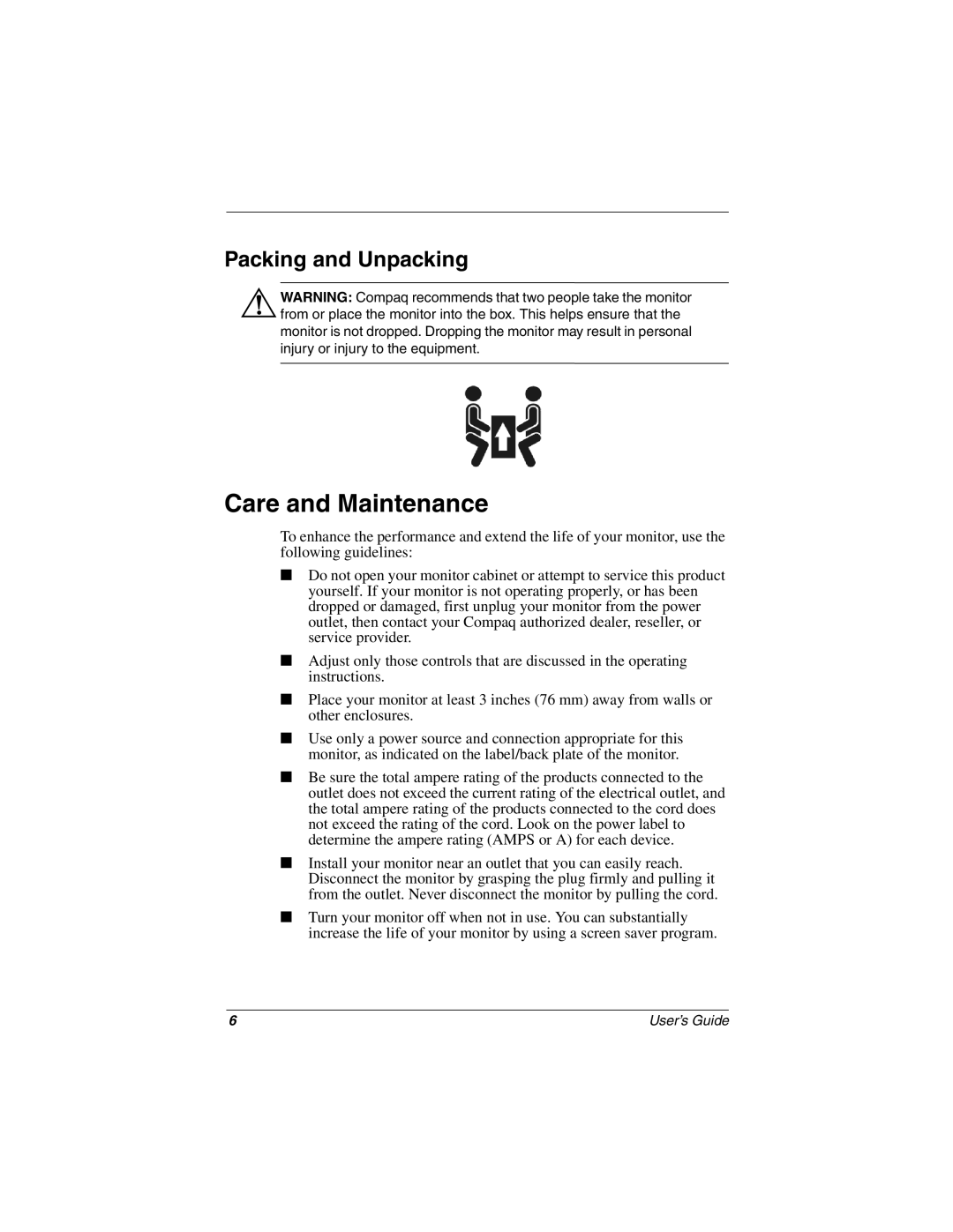 Compaq 5700 manual Care and Maintenance, Packing and Unpacking 