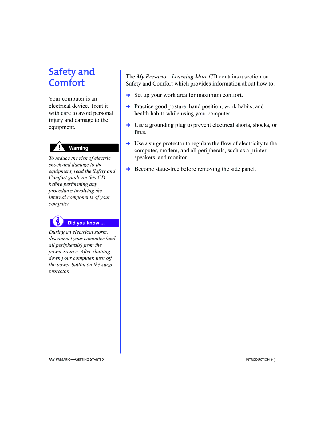 Compaq 5BW474 manual Safety Comfort 